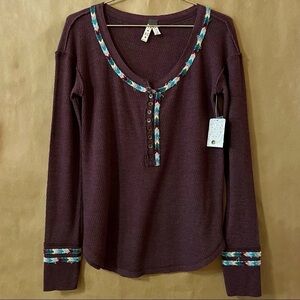 Free People | NWT Rainbow Thermal Henley Tee Long Sleeve in Wine Size XS